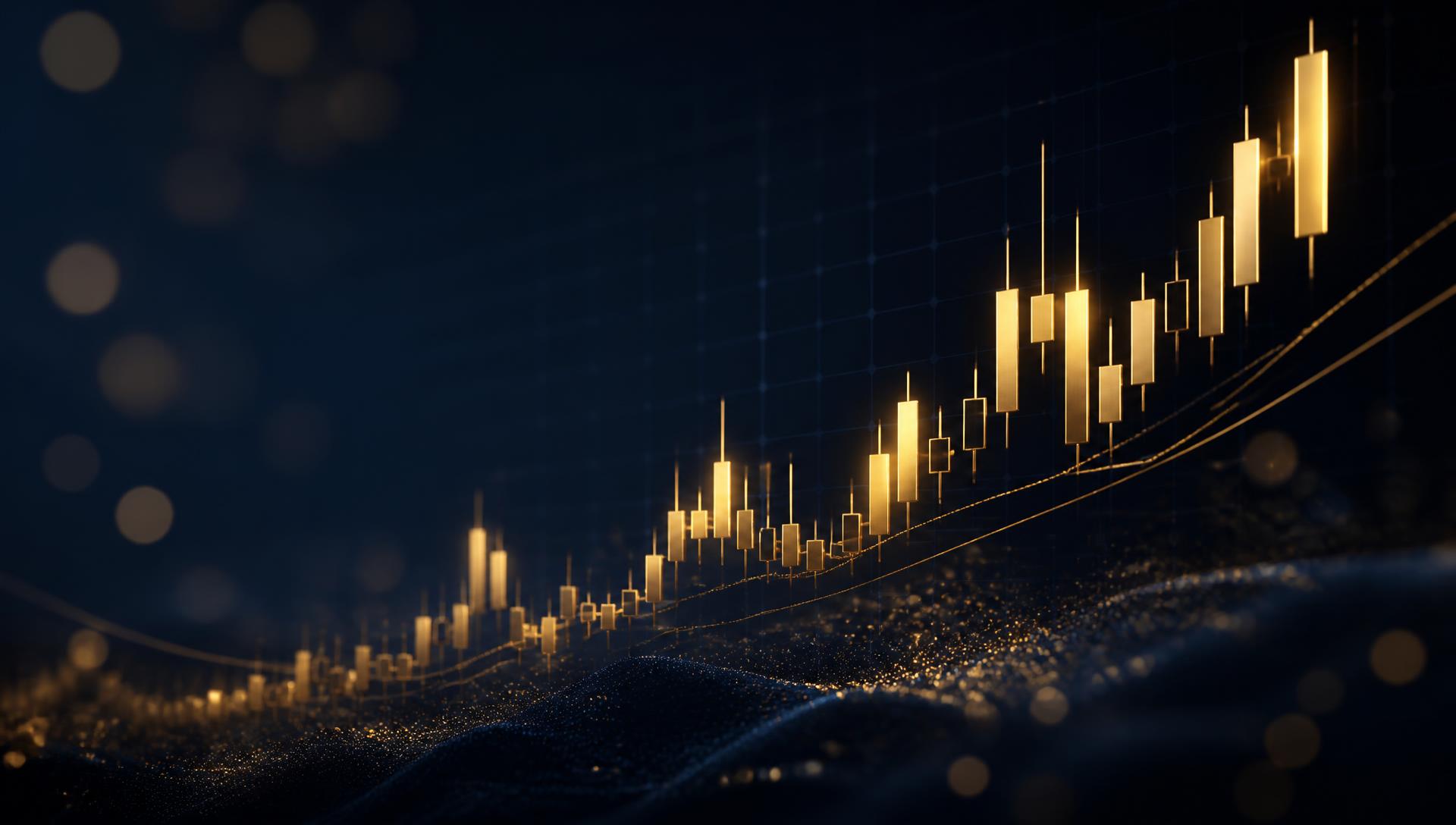 Golden candlestick chart rising over a deep navy background